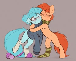 Size: 1149x928 | Tagged: safe, artist:rexyseven, derpibooru import, oc, oc only, oc:rusty gears, oc:whispy slippers, earth pony, pony, clothes, duo, earth pony oc, eyes closed, female, freckles, glasses, gray background, hug, mare, one eye closed, simple background, slippers, smiling, socks, striped socks, sweater