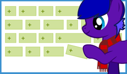 Size: 1025x597 | Tagged: safe, artist:nicogamer3000, derpibooru exclusive, derpibooru import, oc, oc only, oc:shock script, earth pony, pony, blue eyes, clothes, derpibooru, earth pony oc, hoof hold, hooves, male, meta, profile, scarf, show accurate, smiling, solo, stallion, striped scarf, tags, two toned mane