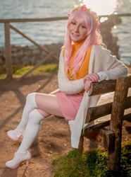 Size: 1432x1920 | Tagged: safe, artist:saru cosplay, derpibooru import, fluttershy, human, clothes, cosplay, costume, crossed legs, high heels, irl, irl human, photo, shoes, sitting, stockings, thigh highs