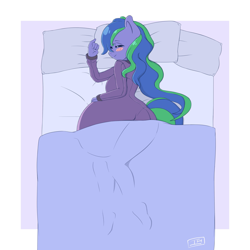 Size: 2048x2048 | Tagged: safe, artist:isr4, derpibooru import, oc, oc only, oc:felicity stars, anthro, pegasus, bed, belly, big belly, blushing, clothes, female, lying down, pajamas, pillow, pregnant, sleeping, solo