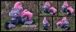 Size: 4095x1754 | Tagged: safe, artist:peruserofpieces, derpibooru import, tempest shadow, pony, unicorn, my little pony: the movie, armor, beanie (plushie), bodysuit, broken horn, clothes, combat armor, eye scar, female, horn, irl, looking at you, lying down, mare, photo, plushie, prone, scar, smiling, smiling at you, solo, sploot, tree