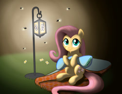 Size: 1280x993 | Tagged: safe, artist:captainstancet, derpibooru import, fluttershy, firefly (insect), insect, pegasus, pony, female, lantern, looking at you, mare, pillow, sitting, smiling, smiling at you, solo