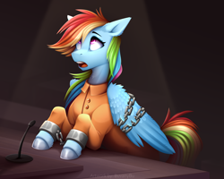 Size: 5906x4724 | Tagged: safe, artist:buvanybu, derpibooru import, rainbow dash, pegasus, pony, absurd resolution, bound wings, chained, chains, clothes, courtroom, cuffed, cuffs, female, mare, open mouth, prison outfit, prisoner rd, shackles, shocked, solo, wings