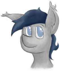 Size: 1475x1475 | Tagged: safe, artist:lil_vampirecj, derpibooru import, oc, oc only, oc:zephyr bat, bat pony, pony, bust, fangs, looking at you, one ear down, photo, portrait, simple background, sketch, smiling, smiling at you, solo, white background