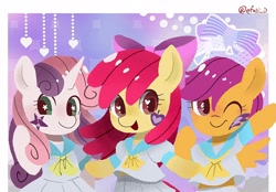 Size: 1783x1242 | Tagged: safe, artist:efuji_d, derpibooru import, apple bloom, scootaloo, sweetie belle, earth pony, pegasus, pony, unicorn, clothes, cutie mark crusaders, female, filly, foal, heart eyes, sailor uniform, starry eyes, uniform, wingding eyes