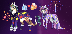 Size: 2530x1207 | Tagged: safe, artist:malinraf1615, derpibooru import, applejack, trixie, oc, oc:gala royal, oc:mystique (ice1517), earth pony, pony, unicorn, boots, cape, chest fluff, clothes, coat markings, cowboy boots, cowboy hat, ear piercing, earring, eyebrow piercing, eyeshadow, female, gloves, grin, hat, jewelry, leonine tail, lesbian, lip piercing, magical lesbian spawn, makeup, male, mare, necklace, offspring, parent:applejack, parent:trixie, parents:tripplejack, piercing, raised hoof, raised leg, shipping, shirt, shoes, smiling, stallion, suit, tail, tripplejack