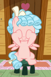 Size: 696x1040 | Tagged: safe, derpibooru import, screencap, cozy glow, pegasus, pony, marks for effort, season 8, spoiler:s08, animated, bow, clubhouse, covered eyes, covering eyes, cozybetes, cropped, crusaders clubhouse, curly hair, curly mane, cute, excited, female, filly, foal, freckles, gif, peekaboo, ribbon, rug, sitting, small wings, solo, stool, talking, two toned mane, wings