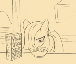Size: 831x694 | Tagged: safe, artist:hotkinkajou, artist:marbo, edit, ponerpics import, marble pie, earth pony, pony, animated, behaving like a dog, bowl, cereal, cute, ear twitch, eating, female, gif, lapping, licking, marblebetes, mare, monochrome, perfect loop, slurp, solo, tongue, tongue out
