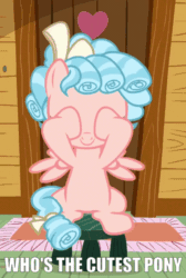 Size: 402x600 | Tagged: safe, derpibooru import, edit, edited screencap, screencap, cozy glow, pegasus, pony, marks for effort, season 8, spoiler:s08, animated, animation error, bow, clubhouse, covered eyes, covering eyes, cozybetes, cropped, crusaders clubhouse, curly hair, curly mane, cute, excited, female, filly, foal, freckles, gif, peekaboo, ribbon, rug, sitting, small wings, solo, stool, talking, truth, two toned mane, wings