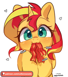 Size: 1949x2204 | Tagged: safe, artist:cottonsweets, sunset shimmer, pony, unicorn, bacon, bacon hair, cute, eating, female, food, heart, looking at you, mare, meat, nom, patreon, patreon link, patreon logo, ponies eating meat, shimmerbetes, simple background, solo, white background