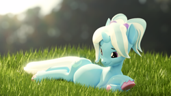 Size: 3840x2160 | Tagged: safe, artist:xppp1n, trixie, pony, unicorn, 3d, alternate hairstyle, babysitter trixie, blender, blender cycles, female, laying on stomach, lying down, lying in grass, lying on the ground, mare, outdoors, pigtails, pregnant, prone, smiling, solo, unshorn fetlocks