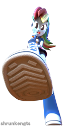 Size: 2160x3840 | Tagged: safe, artist:shrunkengts, derpibooru import, rainbow dash, equestria girls, 3d, boots, female, giantess, high heel boots, low angle, macro, shoes, simple background, solo, transparent background