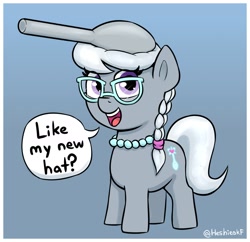 Size: 1514x1464 | Tagged: safe, artist:heretichesh, derpibooru import, silver spoon, earth pony, pony, dialogue, female, filly, foal, glasses, gradient background, jewelry, necklace, pearl necklace, solo, speech bubble, spoon, talking to viewer