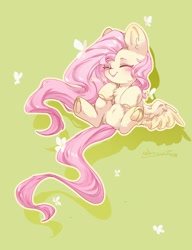 Size: 1500x1950 | Tagged: safe, artist:qamar, derpibooru import, fluttershy, butterfly, pegasus, pony, :p, blushing, chest fluff, colored hooves, cute, daaaaaaaaaaaw, ear fluff, ears, eyes closed, female, frog (hoof), green background, mare, shyabetes, simple background, solo, tongue, tongue out, underhoof