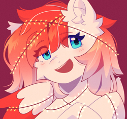 Size: 1825x1698 | Tagged: safe, artist:stellarsleep, derpibooru import, oc, oc only, oc:making amends, pegasus, pony, bust, cheek fluff, christmas lights, ear fluff, ears, open mouth, portrait, red background, simple background