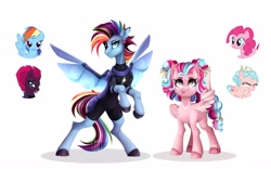 Size: 4096x2560 | Tagged: safe, artist:buvanybu, derpibooru import, cozy glow, fizzlepop berrytwist, pinkie pie, rainbow dash, tempest shadow, pegasus, pony, alternate hairstyle, artificial wings, augmented, bipedal, bow, cute, eye scar, eyepatch, freckles, fusion, hair bow, high res, lidded eyes, lightning, looking at you, mechanical wing, scar, simple background, skinsuit, smiling, smiling at you, spread wings, tongue, tongue out, white background, wings