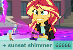 Size: 1280x888 | Tagged: safe, derpibooru import, bright idea, rainbow dash, sunset shimmer, equestria girls, friendship games, 66666, derpibooru, evil grin, grin, implied sunset satan, magic capture device, meta, number of the beast, smiling, sunedge shimmer, yes