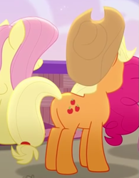 Size: 477x610 | Tagged: safe, derpibooru import, screencap, applejack, fluttershy, pinkie pie, earth pony, pony, rainbow roadtrip, applejack's hat, butt, clothes, cowboy hat, cropped, hat, plot