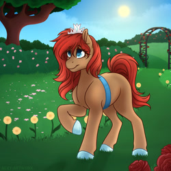 Size: 1600x1600 | Tagged: safe, artist:acry-artwork, derpibooru import, oc, oc only, earth pony, pony, bush, flower, garden, solo, sun, tree