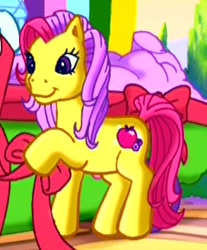 Size: 272x328 | Tagged: safe, derpibooru import, screencap, apple spice, bow tie (g3), bowtie (g3), earth pony, pony, g3, the princess promenade, cropped, cute, dexterous hooves, female, friendship and flowers, garden, mare, offscreen character, parade, ribbon, smiling, solo, solo focus, spiceabetes