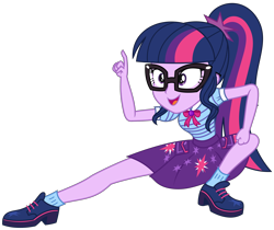 Size: 3034x2547 | Tagged: safe, artist:sketchmcreations, derpibooru import, sci-twi, twilight sparkle, better together, equestria girls, holidays unwrapped, clothes, crouching, female, geode of telekinesis, glasses, high res, magical geodes, open mouth, open smile, pointing, ponytail, simple background, skirt, smiling, solo, the cider louse fools, transparent background, vector