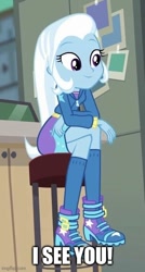 Size: 347x646 | Tagged: safe, derpibooru import, edit, edited screencap, screencap, trixie, better together, equestria girls, forgotten friendship, caption, clothes, female, i see you, shoes, socks, solo, text