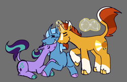 Size: 640x417 | Tagged: safe, artist:tezzbot, derpibooru import, starlight glimmer, sunburst, trixie, pony, unicorn, bisexual, cloven hooves, cuddling, eyes closed, female, leonine tail, lesbian, male, polyamory, shipping, smiling, startrixburst, straight, tail