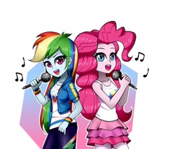 Size: 2000x1700 | Tagged: safe, artist:nekojackun, derpibooru import, pinkie pie, rainbow dash, equestria girls, duo, microphone, music notes, pinkie pie's superior outfit, simple background, singing, white background