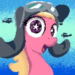 Size: 512x512 | Tagged: safe, artist:anonymous, derpibooru import, cherry berry, earth pony, pony, aviator goggles, aviator hat, female, goggles, hat, hot air balloon, looking at you, mare, pixel art, plane, smiling, solo