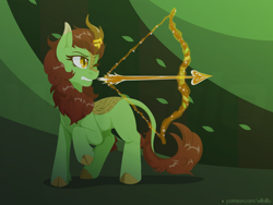 Size: 1600x1200 | Tagged: safe, artist:willoillo, derpibooru import, oc, oc only, oc:meadow glade, kirin, fallout equestria, arrow, bow, bow (weapon), bow and arrow, commission, fallout equestria: guardians of the wastes, female, glowing, glowing horn, horn, kirin oc, magic, magic aura, one eye closed, raised hoof, raised leg, solo, teeth, telekinesis, weapon