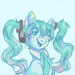 Size: 2000x2000 | Tagged: safe, artist:flaming-trash-can, derpibooru import, pony, anime, hatsune miku, ponified, solo, vocaloid