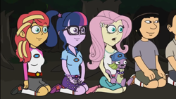 Size: 1280x720 | Tagged: safe, derpibooru import, screencap, fluttershy, sci-twi, spike, spike the regular dog, sunset shimmer, twilight sparkle, dog, equestria girls, big time rush, camp everfree outfits, carlos, crossover, eddy misbehaves at camp goville, frightened, goanimate, hands on knees, logan