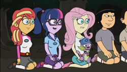 Size: 1280x720 | Tagged: safe, derpibooru import, screencap, fluttershy, sci-twi, spike, spike the regular dog, sunset shimmer, twilight sparkle, dog, equestria girls, big time rush, camp everfree outfits, carlos, cheering up, crossover, eddy misbehaves at camp goville, frightened, goanimate, hands on knees, logan