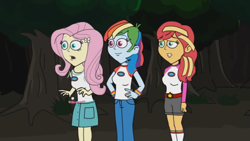 Size: 1280x720 | Tagged: safe, derpibooru import, screencap, fluttershy, rainbow dash, sunset shimmer, equestria girls, camp everfree outfits, eddy misbehaves at camp goville, female, flutterdash, forest, goanimate, lesbian, scared, shaking, shipping, trio, worried