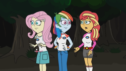 Size: 1280x720 | Tagged: safe, derpibooru import, screencap, fluttershy, rainbow dash, sunset shimmer, equestria girls, camp everfree outfits, eddy misbehaves at camp goville, female, flutterdash, forest, goanimate, head turn, lesbian, scared, shaking, shipping, talking, trio