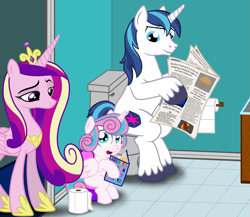 Size: 2363x2050 | Tagged: safe, anonymous artist, derpibooru import, princess cadance, princess flurry heart, shining armor, alicorn, pony, unicorn, but why, father and child, father and daughter, female, implied pooping, male, mare, mother and child, mother and daughter, newspaper, parent and child, pooping together, potty, potty time, potty training, sequel, sitting, sitting on toilet, stallion, toilet, toilet paper