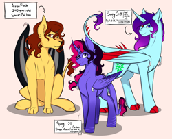 Size: 2672x2172 | Tagged: safe, artist:shamy-crist, derpibooru import, oc, oc only, oc:arrow flash, oc:shamy, oc:sunny crist, alicorn, dracony, dragon, hybrid, pony, female, heterochromia, high res, hybrid oc, looking at you, mare, pink background, simple background, smiling, smiling at you, trio