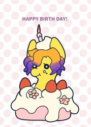 Size: 1829x2552 | Tagged: safe, artist:tao_yamata, derpibooru import, oc, oc only, oc:moth, earth pony, pony, birthday candles, cake, candle, female, food, happy birthday, mare, polka dot background, ponies in food, smiling, solo