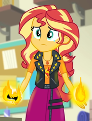 Size: 783x1024 | Tagged: safe, derpibooru import, editor:horsesplease, sunset shimmer, better together, equestria girls, holidays unwrapped, crying, fiery shimmer, fire, o come all ye squashful, pyromancy, pyromaniac, sad