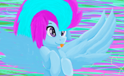 Size: 1420x868 | Tagged: safe, artist:janeblood969, derpibooru import, oc, oc only, oc:stacey lightning dash, pegasus, pony, :p, abstract background, cute, female, happy, mare, ocbetes, pegasus oc, smiling, solo, spread wings, tongue, tongue out, wings