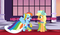 Size: 3856x2272 | Tagged: safe, artist:philiptomkins, artist:sapphirebeam, artist:sugarcubecreationz, derpibooru import, applejack, rainbow dash, earth pony, pegasus, pony, appledash, clothes, dress, female, gala dress, lesbian, rainbow dash always dresses in style, shipping, spread wings, wings