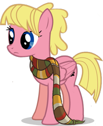 Size: 515x627 | Tagged: safe, artist:sweetie-bloom, derpibooru import, oc, oc only, oc:sweetie bloom, pegasus, pony, clothes, cute, female, fourth doctor's scarf, mare, ocbetes, scarf, simple background, solo, striped scarf, transparent background
