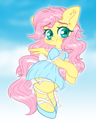 Size: 2200x2800 | Tagged: safe, artist:etoz, derpibooru import, fluttershy, pegasus, pony, semi-anthro, bipedal, blushing, bow, clothes, colored pupils, cute, daaaaaaaaaaaw, dress, eyebrows, eyebrows visible through hair, female, high res, looking at you, mare, shyabetes, sky, smiling, smiling at you, wingding eyes, wings