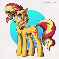 Size: 3375x3375 | Tagged: safe, artist:ingolf arts, derpibooru import, sunset shimmer, pony, unicorn, digital art, female, high res, horn, mare, simple background, solo, tail