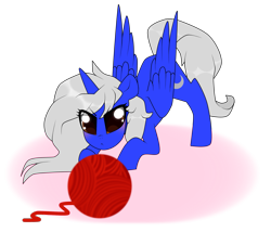 Size: 2153x1944 | Tagged: safe, artist:kaikururu, derpibooru import, oc, oc only, alicorn, pony, alicorn oc, eyelashes, face down ass up, female, horn, mare, simple background, smiling, solo, transparent background, wings, yarn, yarn ball