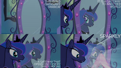 Size: 1280x720 | Tagged: safe, derpibooru import, edit, edited screencap, editor:quoterific, screencap, pinkie pie, princess luna, alicorn, earth pony, pony, equestria girls, equestria girls (movie), crown, female, jewelry, magic mirror, mare, mirror, offscreen character, open mouth, regalia, solo focus