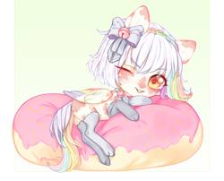 Size: 2100x1700 | Tagged: safe, artist:qawakie, derpibooru import, oc, oc only, pegasus, pony, bow, butt, clothes, donut, food, hair bow, one eye closed, pegasus oc, pillow, plot, smiling, socks, wink