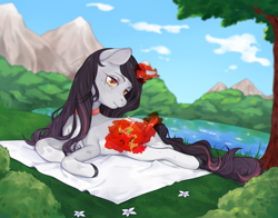 Size: 2763x2171 | Tagged: safe, artist:qawakie, derpibooru import, oc, oc only, pony, unicorn, choker, cloud, female, glowing, glowing horn, high res, horn, lying down, magic, magic aura, mare, outdoors, prone, solo, telekinesis, tree, unicorn oc