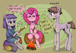 Size: 1754x1240 | Tagged: safe, artist:porcelanowyokular, derpibooru import, maud pie, mudbriar, pinkie pie, earth pony, pony, abstract background, campfire, female, fireplace, food, male, mare, marshmallow, sitting, stallion, stick abuse