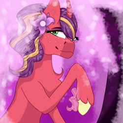 Size: 1500x1500 | Tagged: safe, artist:teonnakatztkgs, derpibooru import, oc, oc only, pony, unicorn, female, flower, flower in hair, freckles, horn, mare, smiling, solo, unicorn oc, unshorn fetlocks